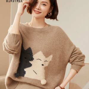 Birdtree, 100% Cashmere Sweater, Women’s Round Neck Off Shoulder Sleeve Jacquard Style, 2024 Autumn/winter New Top T48027KE