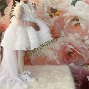 CustomizedCute Pink Baby Girls Dresses Ruffles Feather Flower Girl Dress For Weddings Children Princess Birthday Party Gowns