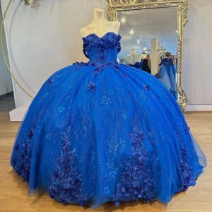 Customized Rayal Blue Quinceanera Dresses 2025 Floral Applique Beading Corset Back Vestido De 15 Anos Sequin Sweet 16 Party Wear