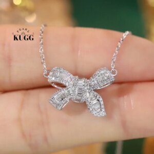 KUGG 100% 18K White Gold Necklace Women Romantic Bowknot Design 0.50carat Real Natural Diamond Pendant Necklace Wedding Jewelry