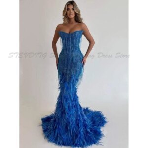 Mermaid Sleeveless Blue Dresses Strapless Sequins High Quality Floor Length Feather Fit Formal Occasion Banquet Female Gowns