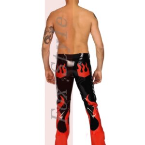 New men’s latex pants in black and red fire rubber trousers