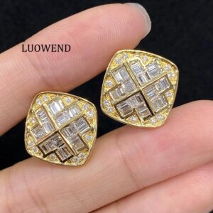LUOWEND 100% 18K Yellow Gold Earrings Luxury Fashion Design Real Natural Diamond Stud Earrings for Women High Wedding Jewelry