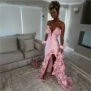 Mila Customized Sweetheart Neck Party Dresses 3D Flower Side High Split Prom Dresses Lace-Up Court Train Women Evening Dress