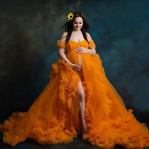 Fluffy Gold Maternity Robes for Pregnant Women Off Shoulder A Line Tulle Photography Dresses Sexy Sweep Train Baby Shower Gowns