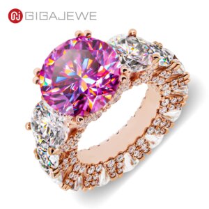 GIGAJEWE Moissanite Mainstone Total 20ct Nova Pink Color Round Cut 18K Rose Gold Ring Jewelry Wedding Gifts Anniversary Bands