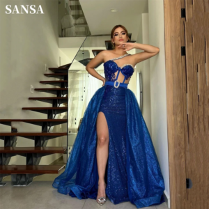 Sansa Blue Beaded Tulle Fabric Prom Dress Detachable Train vestidos de fiesta Sleeveless Side High Split فستان حفلات الزفاف