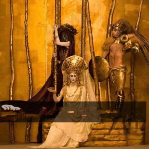 Opening costume of large-scale golden tribal party in bar