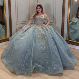 Blue Shiny Quinceanera Dresses Off Shoulder Ball Gown Sweet 16 Dress Applique Beading Crystal Tull Birthday Party Vestidos 15 De