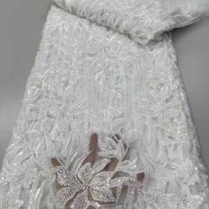 White African Beaded Lace Fabric 2025 Fashion French Nigerian Sequin Groom Lace Tulle Fabric For Wedding Party Dress Sewn 5Yards