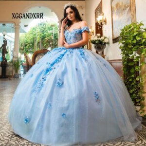 New in Flower Blue Quinceanera Dresses 2024 Vestido De 15 Años Mexican Dress Off Shoulder Backless Sweet 15 16 XV Birthday Prom