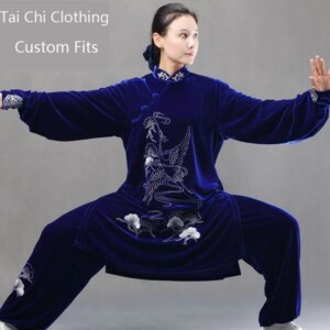 Sapphire Blue Velvet Tai Ji Suit New Women’s Autumn and Winter Side Opening Cloud Crane High-End Shadowboxing Exercise Clothing