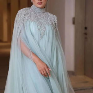 Customized Prom Dresses Long Sleeves High Neck Evening Dresses Pleated Beadings Sequins Floor Length Formal Party Dresses
