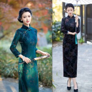 Old Shanghai Retro Chinese Style Long Cheongsam Qi Pao Winter New Middle-Aged and Elderly Ladies’ Banquet