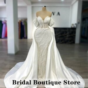 Luxury White Sweetheart Bead Crystals Mermaid Evening Dress Birthday Vestidos Fancy Clothes Long Wedding GownCustomized