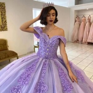 Customized Lavender Off-Shoulder Quinceanera Dresses Vestidos De 15 Anos Beading Crystal Cinderella 16 Princess Gowns Corset