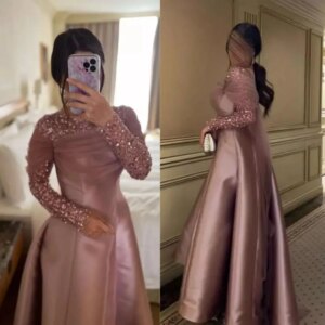 Customized Sparkle Exquisite Classic Modern Style Formal Evening O-Neck Floor-Length Ball Gown Beading Tulle Satin Dresses