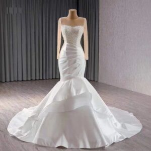 Wedding Dress 2025 O-Neck Long Sleeve Beading Crystal Lace Up Back Ruched Sexy Bridal Dress Mermaid Train Customized