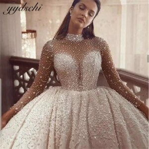 Luxury High Neck Beading Crystal Illusion Ball Gown 2025 Wedding Dresses for woman Chapel Train Bridal Gowns Vestidos De Noiva