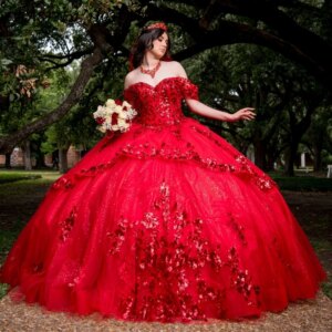 EVLAST Customized Glitter Red Floral Ball Gown Quinceanera Dress Lace Applique Beading Bow Sweet 16 Vestidos De 15 Anos E1Q712