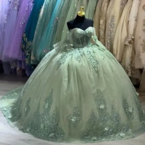 Customized Sage Green Quinceanera Dresses Shiny Flowers Lace Birthday Party Prom Ball Gown Vestidos de 15 años Corset