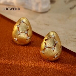 LUOWEND 18K Yellow Gold Earrings Women Italian Drawing Process Design Real Natural Diamond Stud Earrings High Anniversary Gift