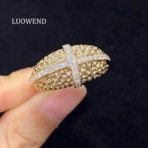 LUOWEND 100% 18K Yellow Gold Rings Real Natural Diamond Cocktail Ring Fashion Honeycomb Design High Party Jewelry for Women