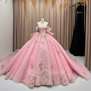 Glittering Hot Pink Quinceanera Dresses With Bow Flower Lace Customized Birthday Party Vestidos De 15 Anos Formal Princess Gown