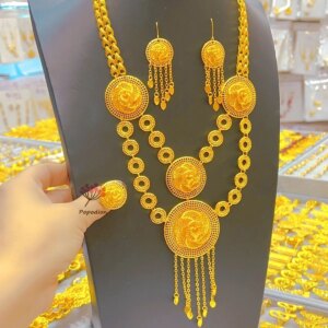 New Dubai 24K Gold Plated Necklace, Earrings, Rings, Romantic Wedding Party Jewelry Set for Women DD10567