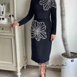 customized  Black Long Sleeves Prom Dresses Crystals Beadings Vestidos De Fiesta Tea Length Evening Dresses