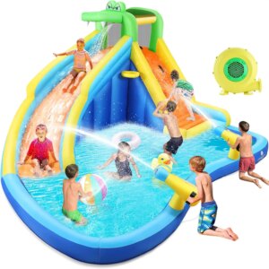 Inflatable Bounce House Crocodile Kids Aqua Water Slide, 7 in 1 Lagoon Splash Pool,Climbing Wall,2 Water Gun,Basketball Hoop wit