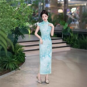 Blue short-sleeved cheongsam improved new Chinese daily can wear light literature