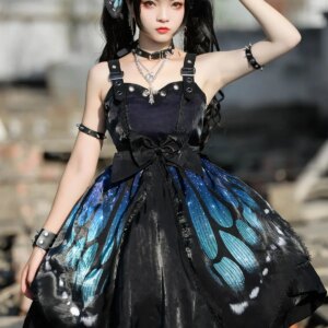Y2K Lolita Dress Blue Sleeveless Lace Up Ruffles Bow Butterfly Pattern Polyester Casual Lolita Jumper Skirt by Star Fantasy