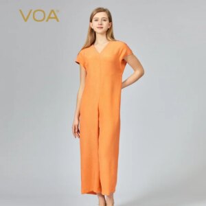VOA Jacquard Mulberry Silk Crown Crepe Orange Red V-neck Bag Shoulder Short Sleeve Pocket All-match Wide-leg Silk Jumpsuit KE690