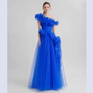 Fashion Blue Prom Dress Chic One-Shoulder Floor Length Party Gowns Elegant Pleat Ruched Formal A Line Evening Dress