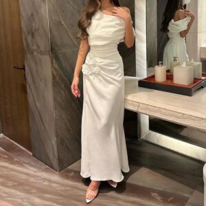 CustomizedFashion Jersey Straight One Shoulder Flowers Evening Dress Half Sleeves Floor Length White Bespoke Occasion Gowns Luxu