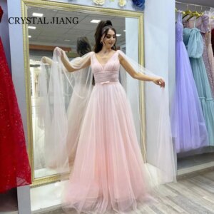 Classy Long  V Neck Pink Tulle Prom Dresses Full Sleeves A Line Floor Length Vestidos Elegantes Para Mujeres