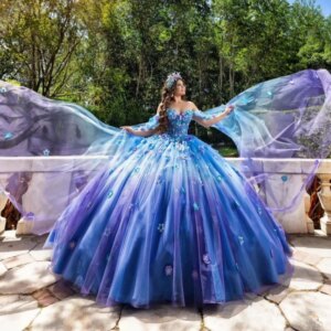 Blue Purple Shiny Quinceanera Dresses Off The Shoulder Applique Flower Tull Party Birthday Ball Gown Sweet 16 Vestidos 15 De