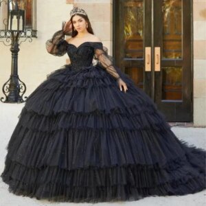 Customized Black Princess Quinceanera Dress Ball Gown Tiered Applique Beading Shiny Corset Sweet 16 Vestido De 15 Anos