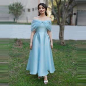Luxury Tea-Length Blue Evening Dresses A Line Sexy Women’s Prom Gowns Off Shoulder Vestidos De Noche 2025 Customized فساتين سهرة