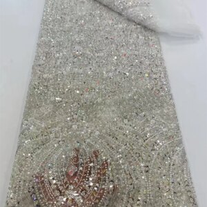 African Nigerian Tulle Lace Fabric Sequins Sewing Handmade Beads Lace Embroidery Dresses High Quality 2025 5Yards Dresses Q380-1