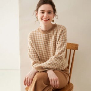 High Quality Autumn and Winter Houndstooth Pure Shirt Women’s round Neck Warm Knitted Long-Sleeved Outerwear Woolen Sweater