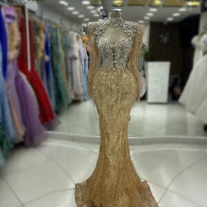 Luxury Champagne Dubai Long Sleeve Formal Evening Dresses Crystal Tassels Mermaid Wedding Party Gowns vestidos de noche Prom New
