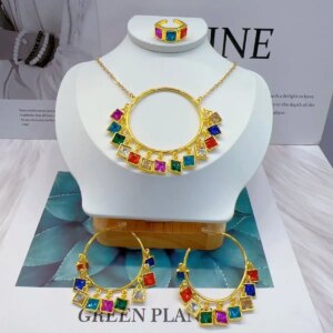 New Dubai Europe 24K Gold Plated Necklace, Earrings, Rings, Wedding Party Gift Jewelry Set for Lovers yy10591