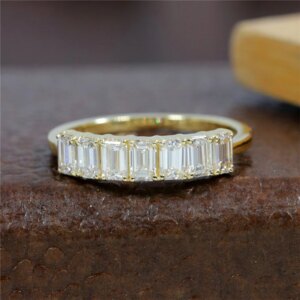 JY Jewelry 18K Yellow Gold 7 Emerald Cut Lab Diamond Half Eternity Band Women Wedding Ring 14K HPHT Lab Diamond Women Ring