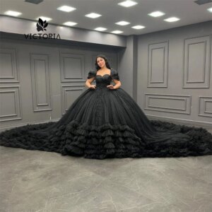 Glitter Black Beaded Tulle Ruched Train 15 years Quincenara Dresses Lace-up Corset 2024 Young Gir Prom Gown vestidos Customized