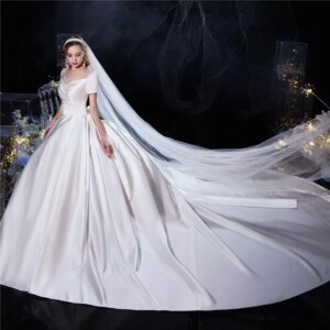 White Satin A Line Long Train Women’s Wedding Dress Bridal Gown