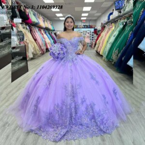EVLAST Customized Lilac Quinceanera Dress Ball Gown Sequins Lace Applique Beading Corset Sweet 16 Vestido De 15 Anos E3Q432