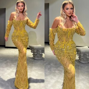 Fashion Evening Dresses Sequins Beading Prom Dress Off Shoulder Long Sleeves Mermaid Party Gowns Vestidos De Noche