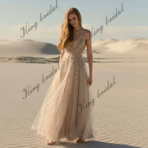 Custom Slit Bridal Gown Tulle Open Back Party Wedding Dress Hand Embroidered Sleeveless A-line Bridal Gown Evening Prom Dresses